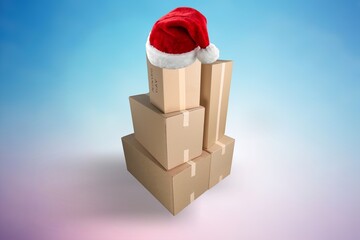 Wall Mural - Stack or heap of brown carton cardboard boxes with red Santa hat, Christmas shopping or online ordering concept