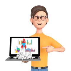 Poster - Cartoon Character Person Man Hold Laptop with Business Diagrams, Graphics and Toy Rocket Takes Off Spewing Smoke. 3d Rendering