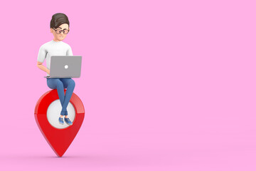 Poster - Cartoon Character Person Businessman with Laptop working over Map Pointer Pin. 3d Rendering