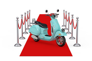 Poster - Success Concept. Blue Classic Vintage Retro or Electric Scooter on a Red Carpet with Barrier Rope. 3d Rendering