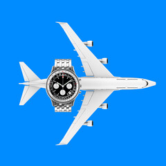 Poster - Pilot Watch Concept. Luxury Classic Analog Men's White Wrist Watch with White Jet Passengers Airplane. 3d Rendering