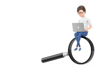 Aufkleber - Cartoon Character Person Businessman with Laptop working over Magnifier Glass. 3d Rendering