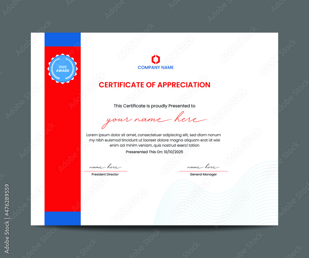 Blue and red certificate template, Certificate of appreciation template ...