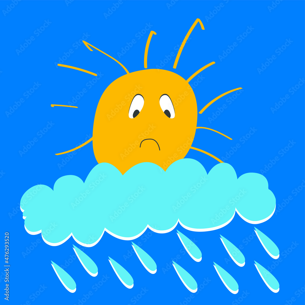 Vector graphics - a bright yellow sun with a sad emotion on its face ...