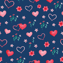 Seamless Pattern With Watercolor 
Hearts And Flowers On Dark Blue 
Background 