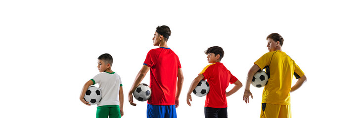 Wall Mural - Collage. Back view cropped portraits of football players in uniform posing with ball isolated over white background