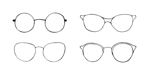 Black sketch fashion eye glasses icon set. Vector doodle cartoon illustration. Frame retro eyeglasses icons. Hand drawn doodle spectacles