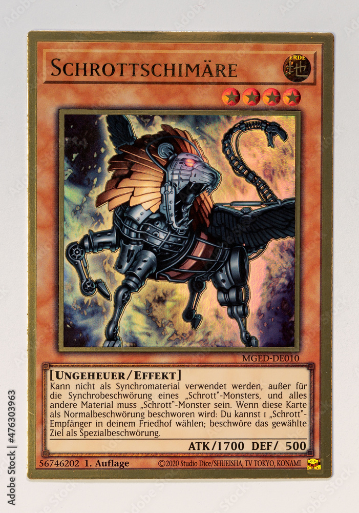 Hamburg, Germany - 12212021: picture of the German premium gold rare Yu Gi Oh card Scrap Chimera from the Maximum Gold El Dorado series. Stock Photo | Adobe Stock Hamburg, Germany - 12212021: picture of the German premium gold rare Yu Gi Oh card Scrap Chimera from the Maximum Gold El Dorado series. Stock Photo | Adobe Stock