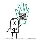 Fototapeta  - Cartoon Man showing OR code in his raised Hand