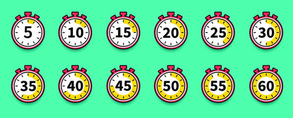 Set of timer and stopwatch icons. Kitchen timer icon with different minutes. Cooking time symbols and labels