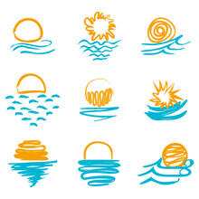 Funny Vector Doodle Suns. Vector Icon Set Of Sun And Sea. Hand Drawn Design Elements. Funny Vector Doodle Suns. Vector Stock Illustration.Summer Holiday