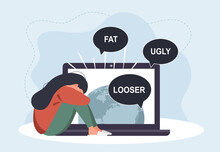 Sad Woman With Laptop Receiving Pop Up Messages. Cyber Bullying. Online Abuse Concept. Teenager Sitting On The Floor And Crying. Vector Illustration In Flat Cartoon Style.
