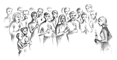 People with candles in their hands. Pencil drawing