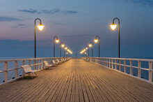 Baltic Sea Coast, Night View Of Pier At Gdynia Orlowa Sea Resort, Poland.