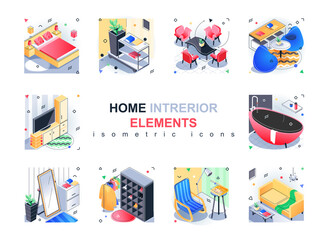 Wall Mural - Home interior elements isometric icons set. Furniture, decor and furnishings for bedroom, living room, bathroom, dining and other rooms 3d isometry isolated pack. Vector illustration isometric symbols