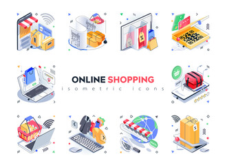 Poster - Online shopping isometric icons set. Choosing and paying for goods on websites stores, worldwide e-commerce, home delivery service, 3d isometry isolated pack. Vector illustration isometric elements