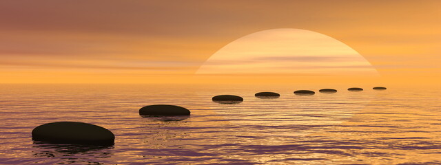 zen path of black stones by sunset - 3d render