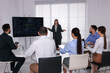 © New Africa - Business trainer near interactive board in meeting room during presentation
