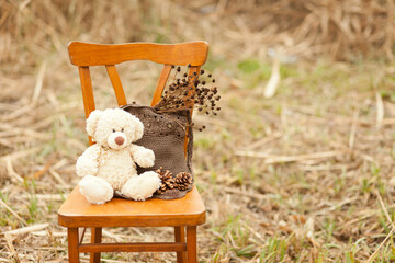 Wall Mural - Vintage decorations in brown colors. Toy bear and a bag with dry flowers on a chair. Outside decorative composition. Late fall or early winter without snow. Dry grass