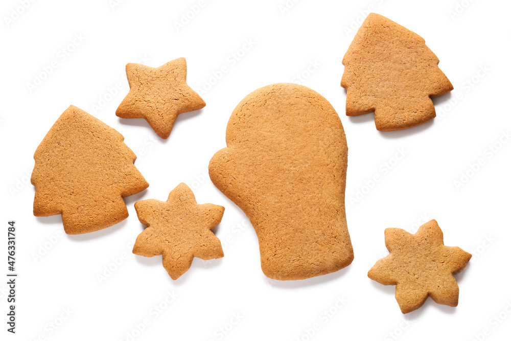 Delicious Christmas gingerbread cookies on white background