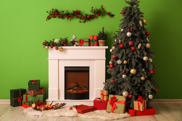 Sticker - Fireplace with beautiful decorations and Christmas tree in living room