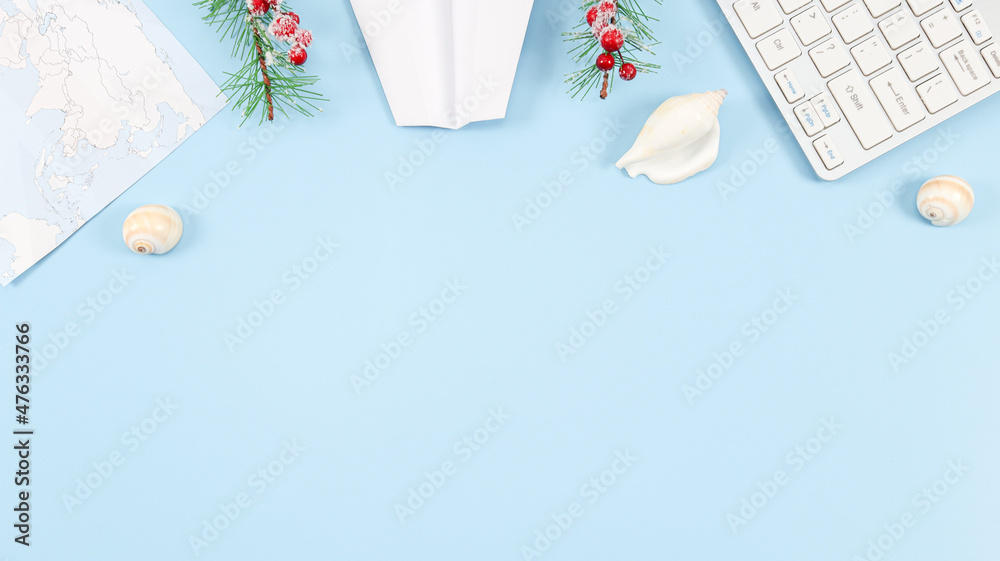 Shell World Map Keyboard, world map, seashells, paper plane and fir branches with red ...