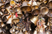 Patan, Nepal: A Collection Of Brass Bells Hangs Outside Ulmant Bhairav Hindu Temple In The Kathmandu Valley