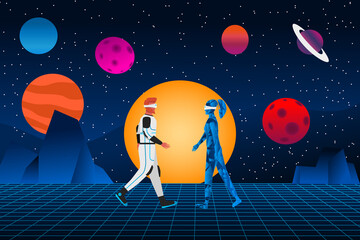 Men and women meet in the metaverse. communication in the virtual world. women's hologram. Men shake hands with female holograms.    Space background vector.