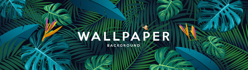 Poster - Tropical green leaf wallpaper banner design background, Eps 10 vector illustration
