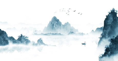 new chinese blue artistic conception landscape painting