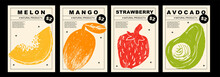 Melon, Mango, Strawberry, Avocado. Set Of Posters Of Fruits And Berries In A Abstract Draw Design. Label Or Poster, Price Tag. Simple, Flat Design. Patterns And Backgrounds. For Poster, Cover, Banner.