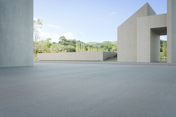 Empty concrete floor for car park. 3d rendering of abstract gray building with clear sky background.