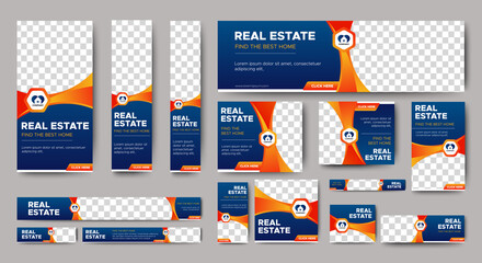 set of real estate web banners of standard size with a place for photos. Gradient blue. Business ad banner. Vertical, horizontal and square template.