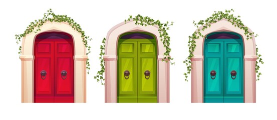 Wooden red door with arch front view with ivy plant climbing branches. Entrance or gate. Cartoon vector illustration.