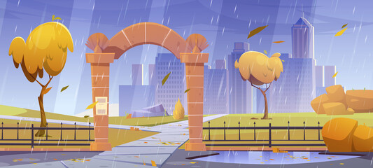 Autumn landscape with stone arch entrance to public park, metal fence and orange trees in rain. Vector cartoon illustration of town garden with archway portal, puddles and city buildings on skyline