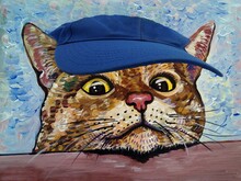 Art Painting Oil Color Smiling Cute   Cat  ,  Put On A Hat	