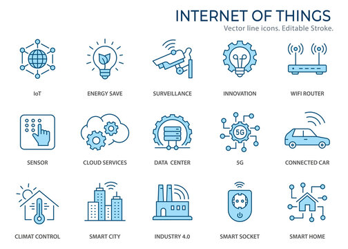 internet of things icons, such as smart city, artificial intelligence, sensor, network and more. vec