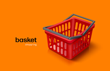 Red shopping basket black plastic handle put on an orange background for shopping promotion sale concept design,vector 3d virtual isolated for advertising design