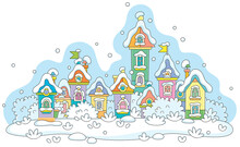 Colorful Toy Houses Covered With Snow On A Cold And Snowy Winter Day In A Pretty Small Town, Vector Cartoon Illustration Isolated On A White Background