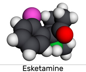 Poster - Esketamine molecule. It is the S-enantiomer of ketamine, with analgesic, anesthetic and antidepressant activities.. Molecular model. 3D rendering.