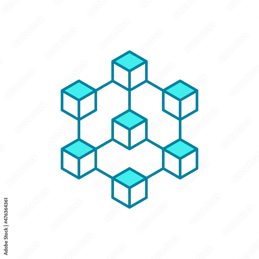 Vektor Blue blockchain line icon. Modern block chain technology.  Cryptocurrency business data symbol. Connected 3D cubes model. Isometric  abstract geometric blocks network. Vector illustration, flat, clip ar ve  službě Stock | Adobe