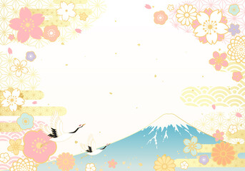 Wall Mural - 富士山と鶴と桜の和風なベクターイラスト背景(パステル,ひなまつり,桜,正月,年賀状)