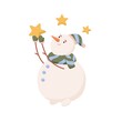 Cute snowman with stars in hands, making wish for Christmas holidays. Happy winter snow man in warm cap and scarf. Snowy fairytale character. Flat vector illustration isolated on white background