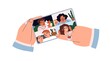 Video call on mobile phone screen. Hands with smartphone during virtual group chat through internet. People friends at online meeting, videocall. Flat vector illustration isolated on white background