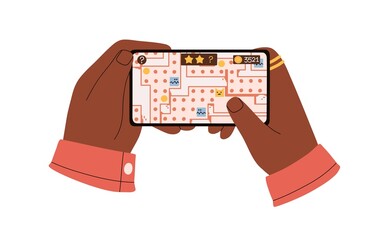 Poster - Hands holding mobile phone, playing game. Gamer touching smartphone screen with maze app. Black person entertain with online funs in cellphone. Flat vector illustration isolated on white background