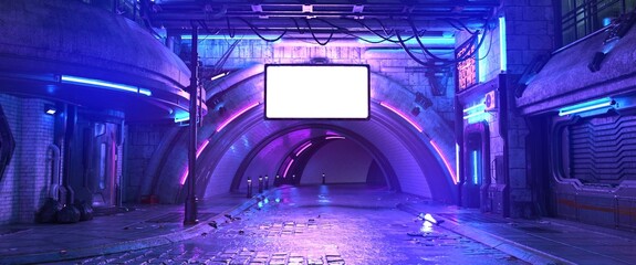 Wall Mural - Photorealistic 3d illustration of the futuristic city in the style of cyberpunk. Empty street with neon lights and big glowing billboard. Beautiful night cityscape. Grunge urban landscape.