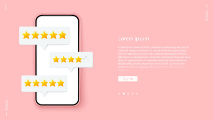 Smartphone with customer feedback. Stars customer review 3d vector. Website or application quality service client feedback. Speech bubble, text message, social media comment.