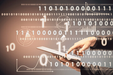 Poster - Close up of businessman hand pointing at tablet abstract glowing interface with binary code and business chart. Information, technology and data concept. Double exposure.