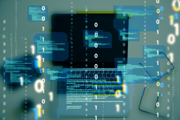 Leinwandbilder - Close up of desktop with notebook computer and abstract coding binary code hologram on blurry background. Artificial intelligence and development concept. Double exposure.