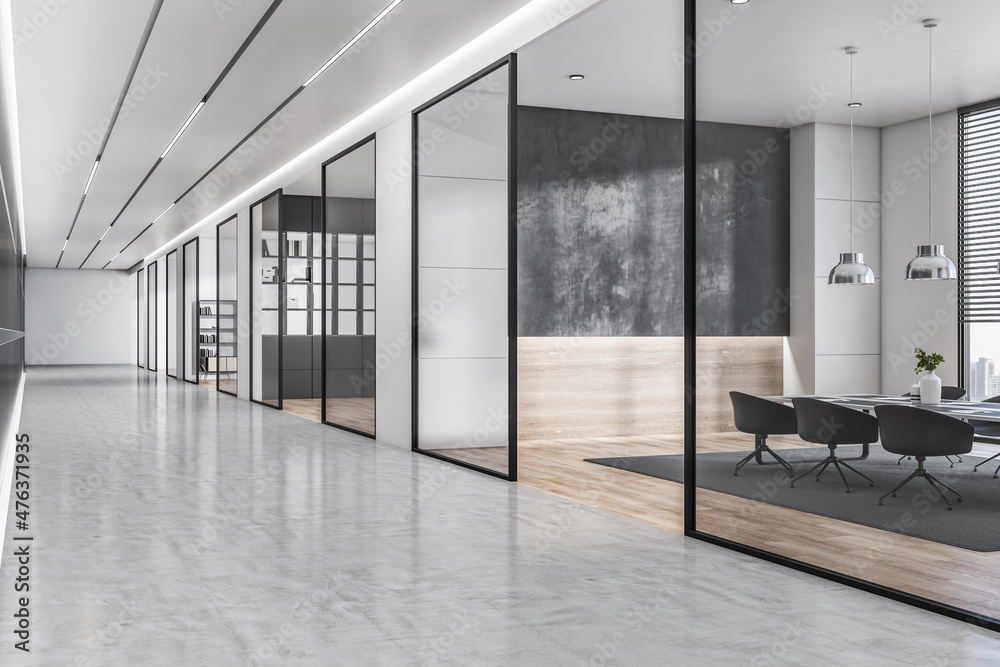 Modern wooden and concrete office corridor interior with glass walls ...